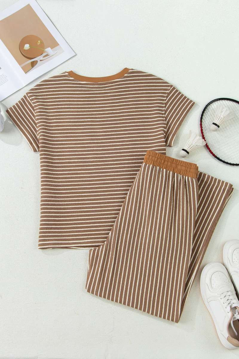 Khaki Stripe Crew Neck Tee Drawstring Waist Cropped Pants Set