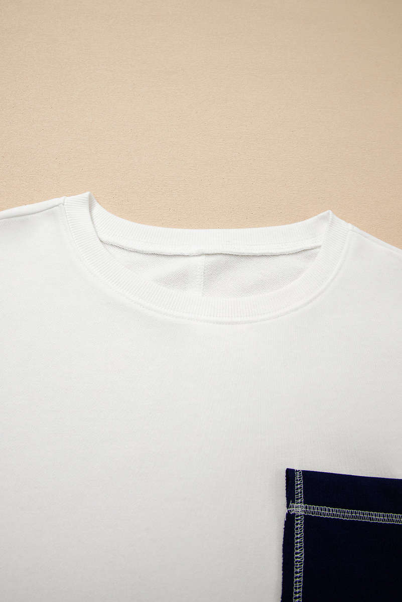 White Exposed Seam Detail Color Block Patch Pocket Drop Shoulder Sweatshirt