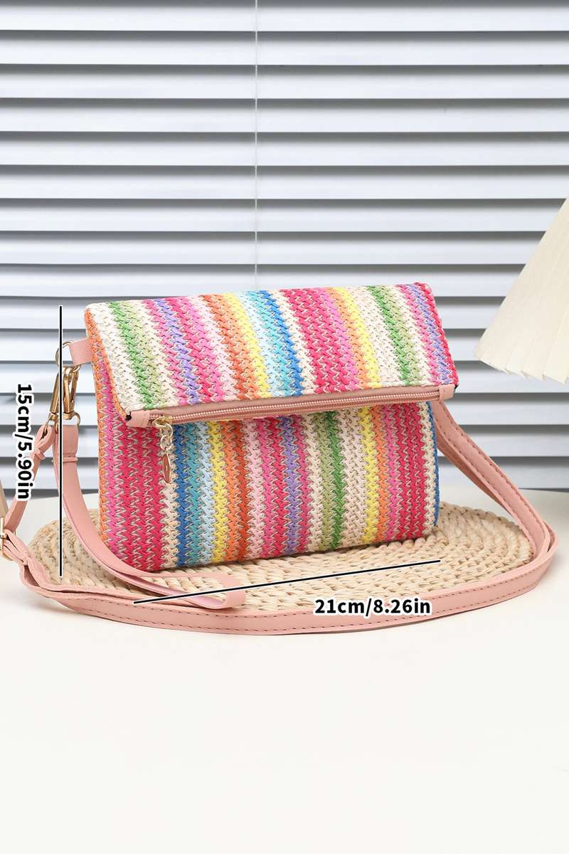 Pink Striped Straw Woven Zip Folded Magnetic Button Shoulder Bag