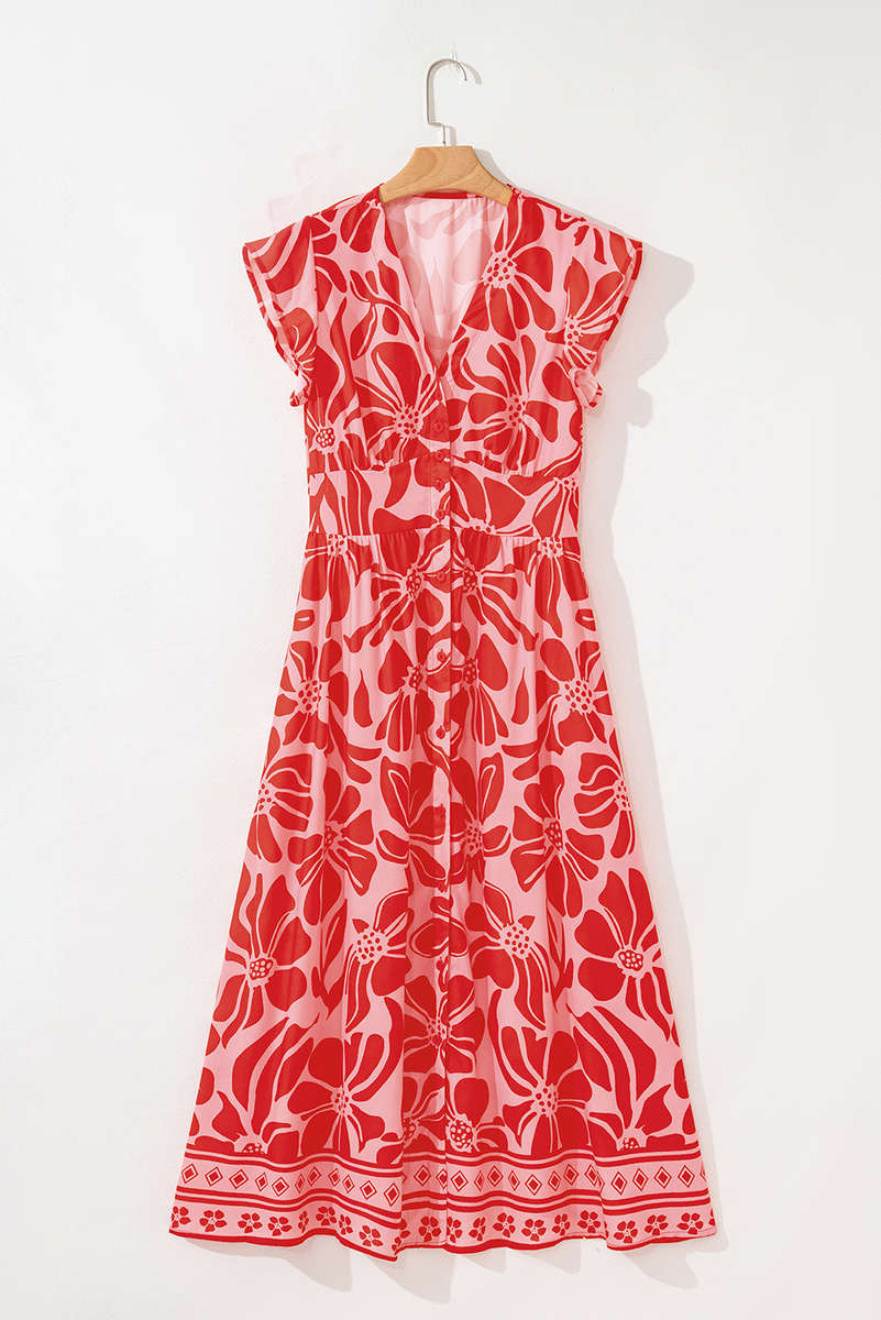 Red Boho Floral Short Sleeve V Neck Buttoned Shirred Waist Long Dress