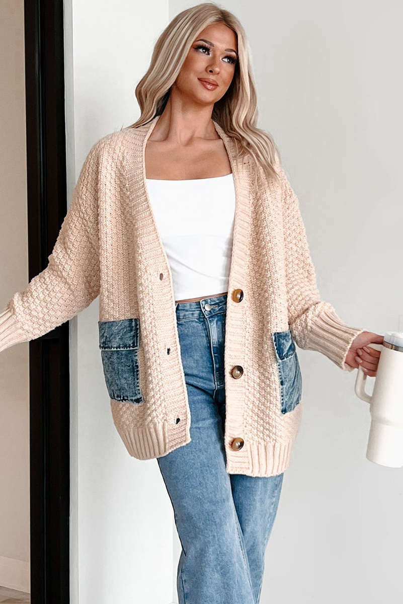 Smoke Gray Open Front Knitted Denim Pocket Patchwork Cardigan