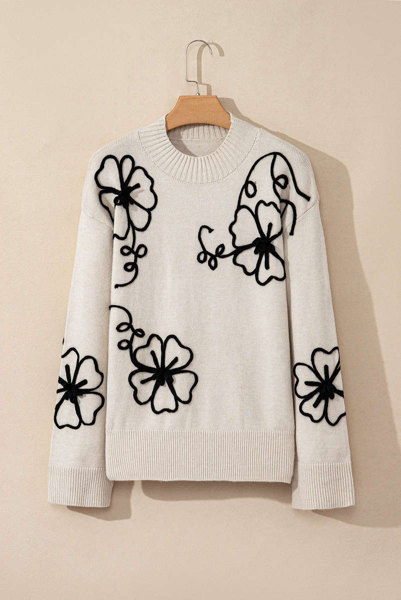 Beige Flower Stitching Mock Neck Sweater