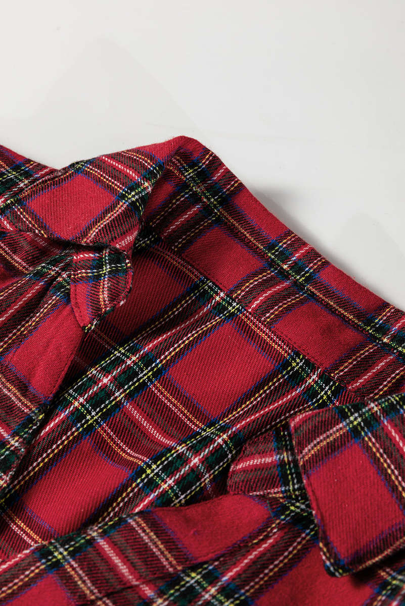 Red Plaid Shirt Collar Half Button Ruffle Hem Long Sleeve Mini Dress