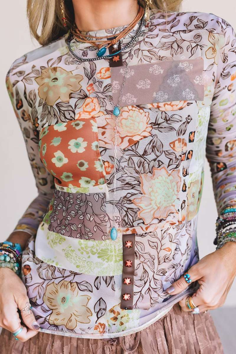 Khaki Mixed Floral Print Patchwork Mock Neck Mesh Top