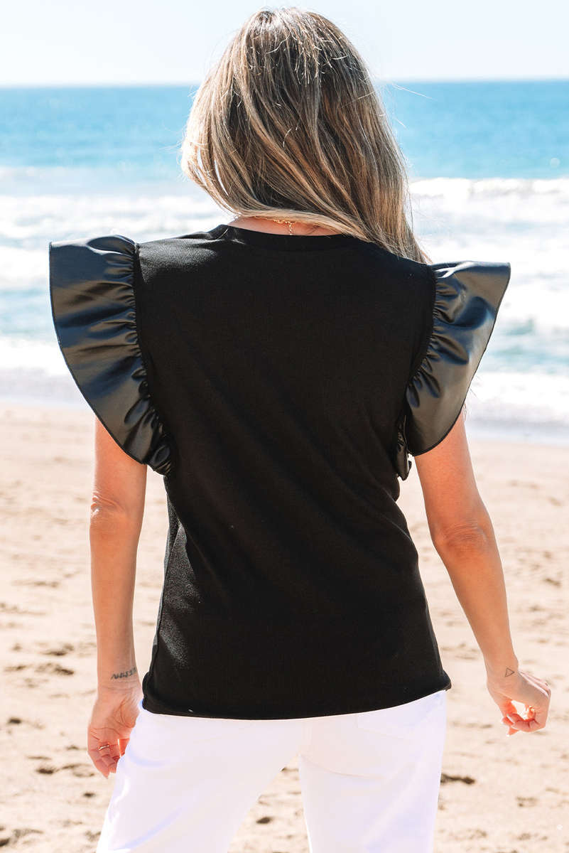Black Leather Ruffle Sleeve Patchwork Round Neck Blouse