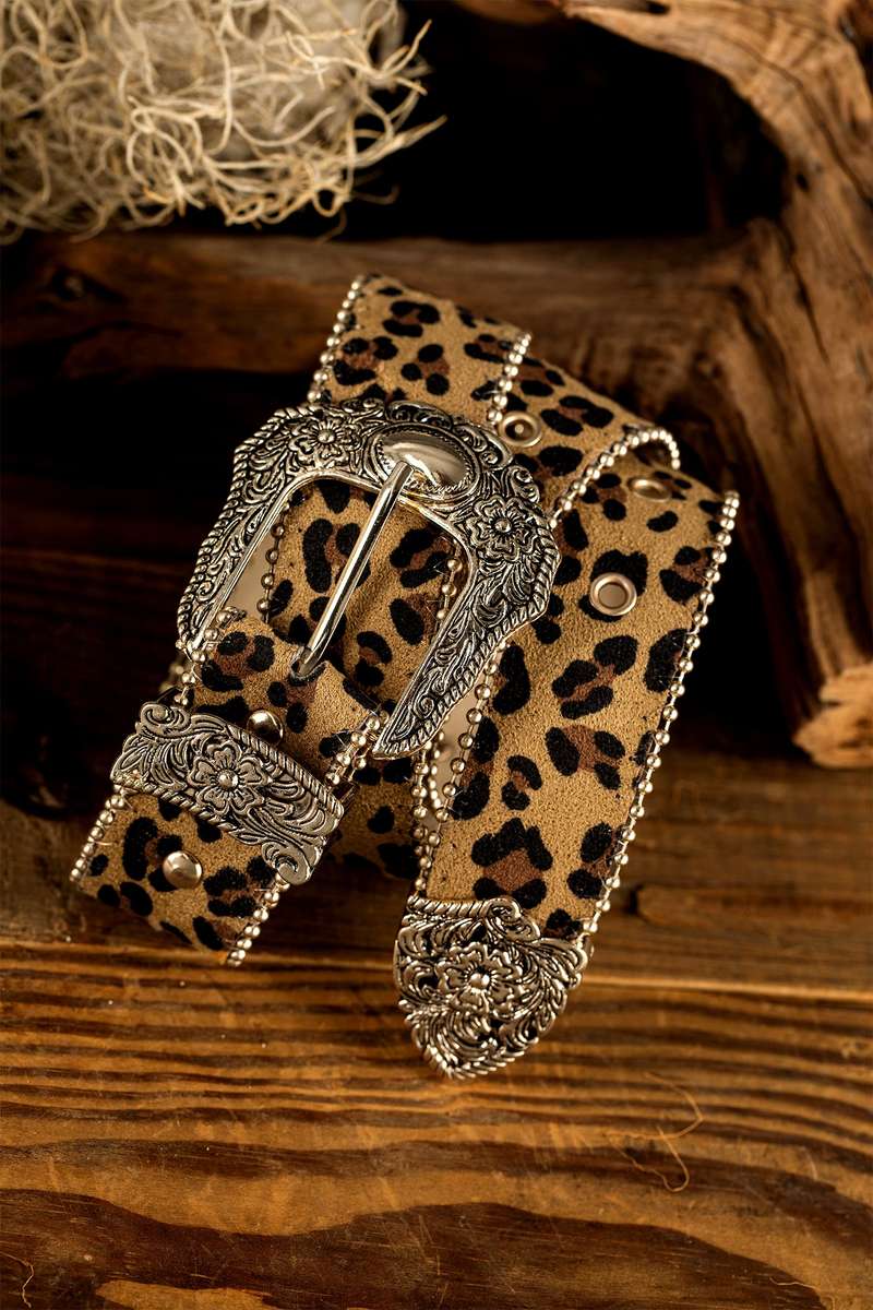 Thai Curry Leopard Beading Trim Retro Embossed Hardware PU Waist Belt