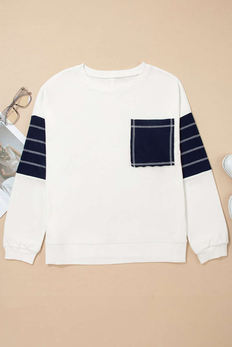White Exposed Seam Detail Color Block Patch Pocket Drop Shoulder Sweatshirt