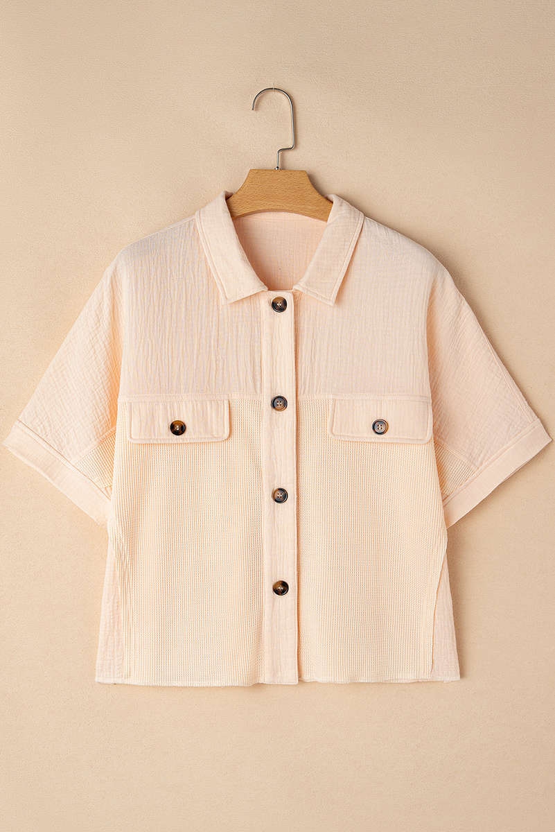 Beige Waffle Splicing Short Batwing Sleeve Flap Detail Shirt