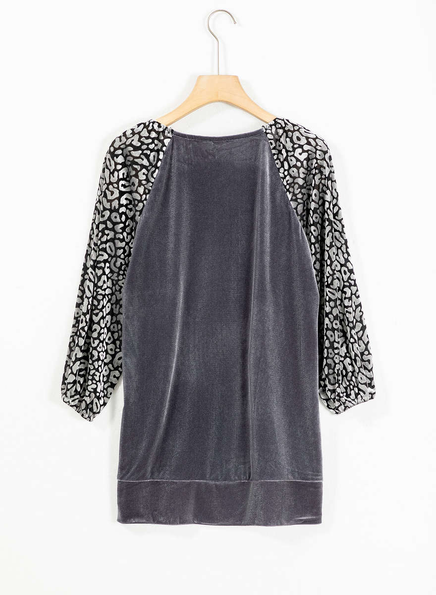 Medium Grey Leopard Splicing Lantern Sleeve Velvet Blouse