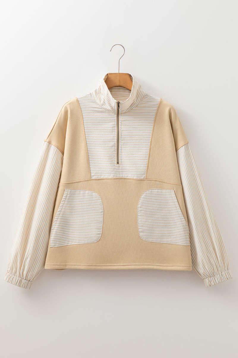 Smoke Gray Quarter Zip Striped Patchwork Drop Shoulder Loose Long Sleeve Top