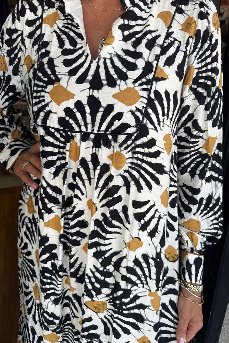 Black Abstract Floral Print Split V Neck Long Dress with Sleeves