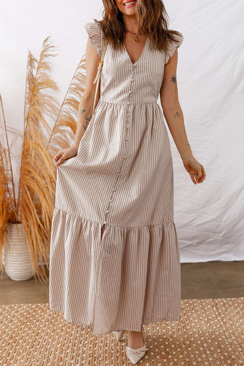 Khaki Stripe Flutter Sleeve Buttoned Front Slit Maxi Dress