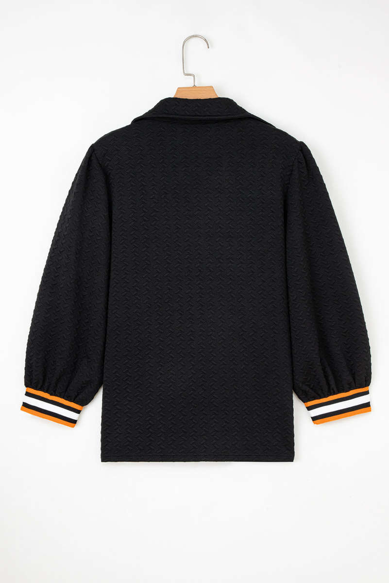 Black Stylish Textured Striped Patchwork Polo Collar Pullover Sweatshirt