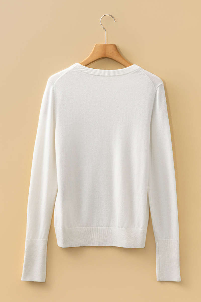 White Button Split Cuffs Round Neck Slim Sweater