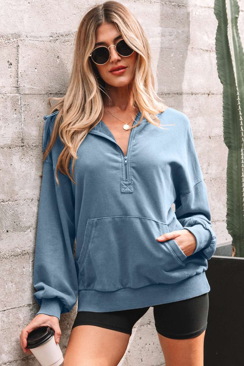 Ashleigh Blue Half Zip Kangaroo Pocket Mineral Wash Baggy Hoodie
