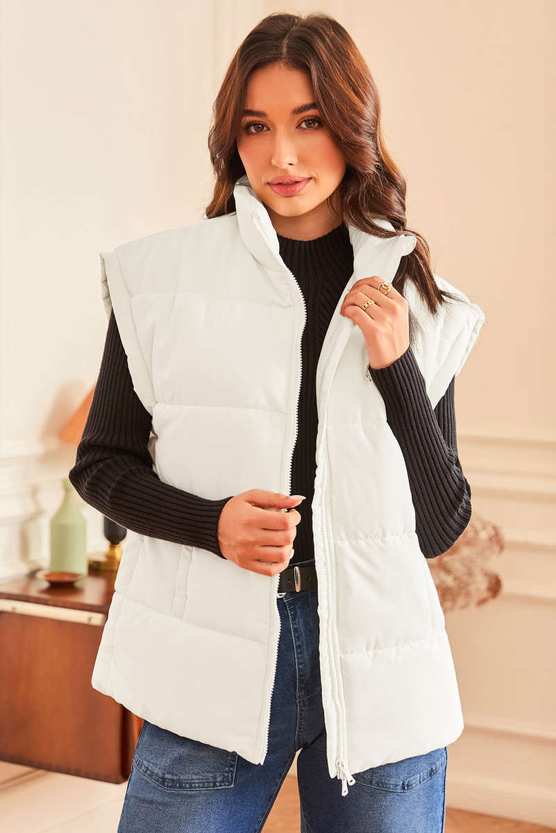 Beige  Zipper Stand Neck Oversized Puffer Vest