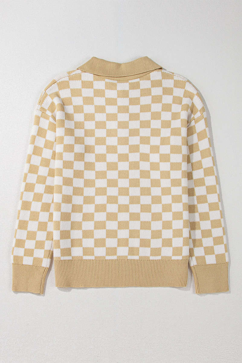 Apricot Checkered Buttons Collar V Neck Drop Shoulder Sweater