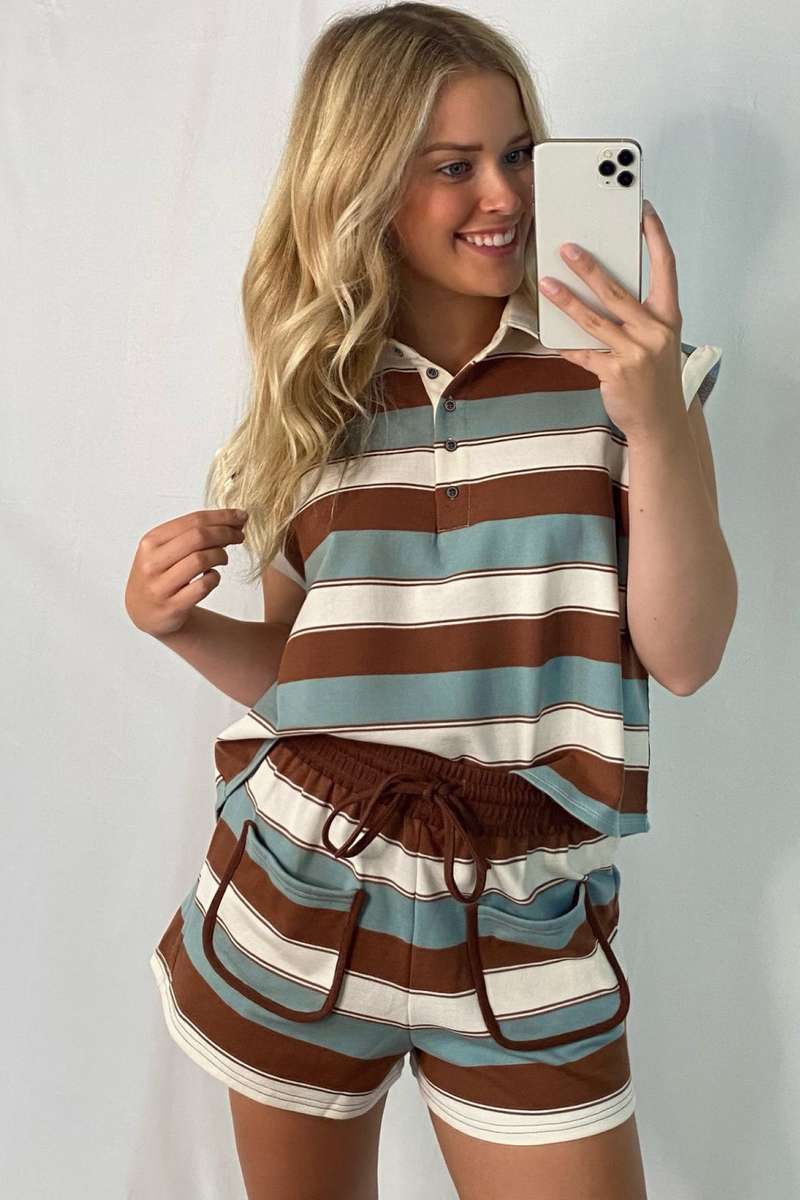 White Stripe Button Polo Collar Tee Drawstring Elastic Waist Patchwork 2pcs Short Set
