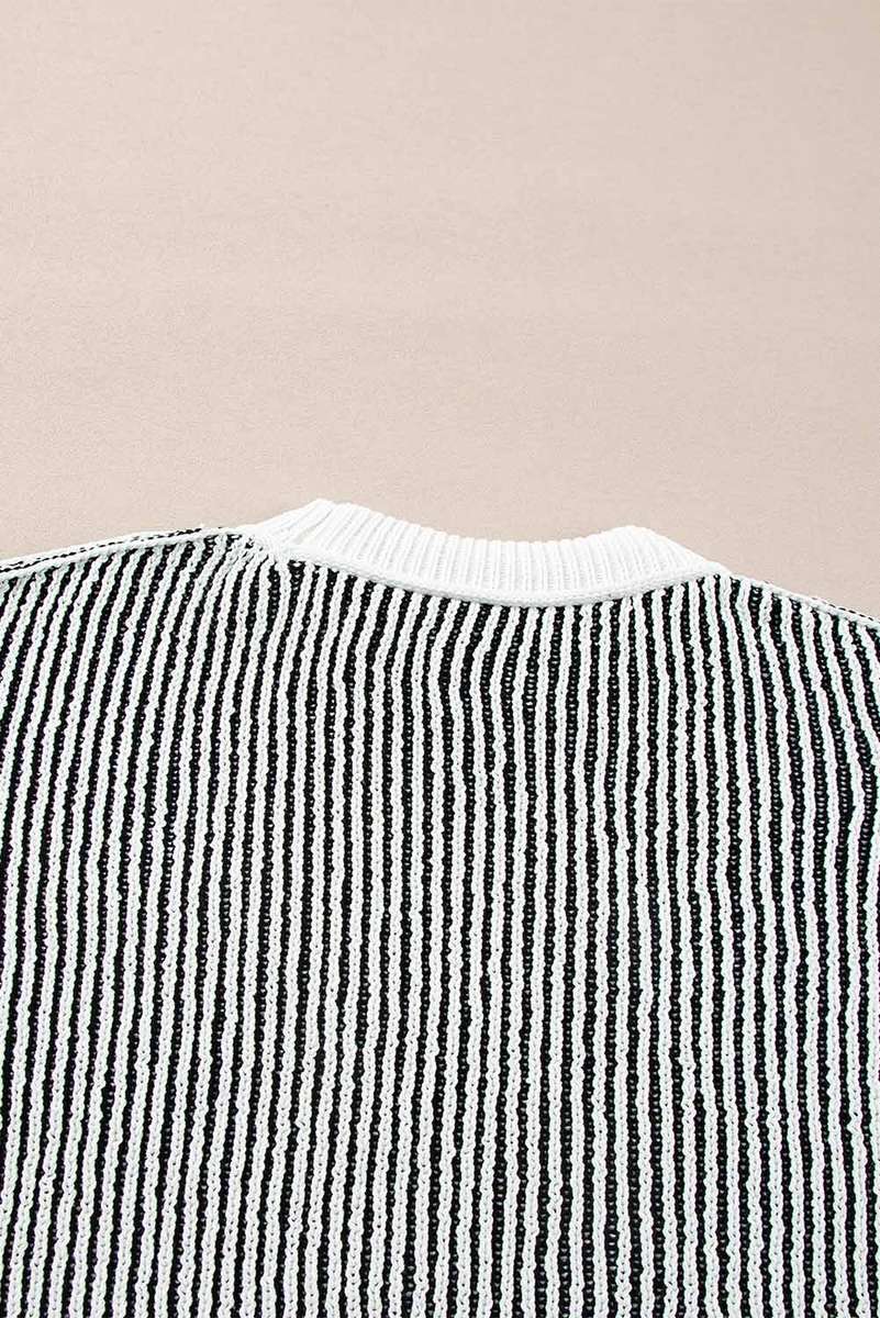 Black Striped Textured Knit Contrast Edge Loose Sweater