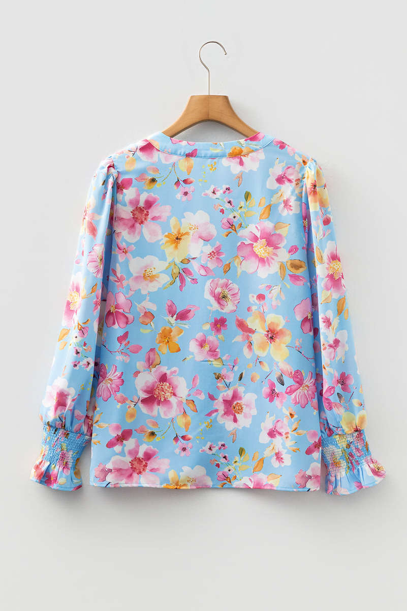 Sky Blue Floral Smocked Cuff Flounce Sleeve V Neck Blouse