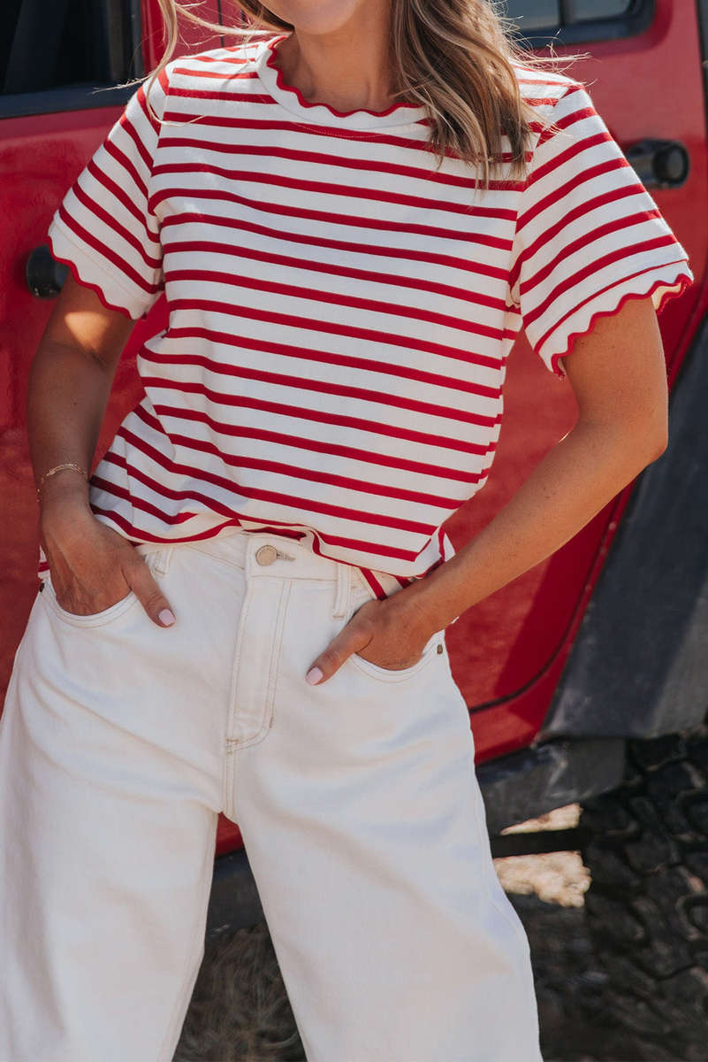 Red Stripe Scalloped Trim Round Neck T Shirt