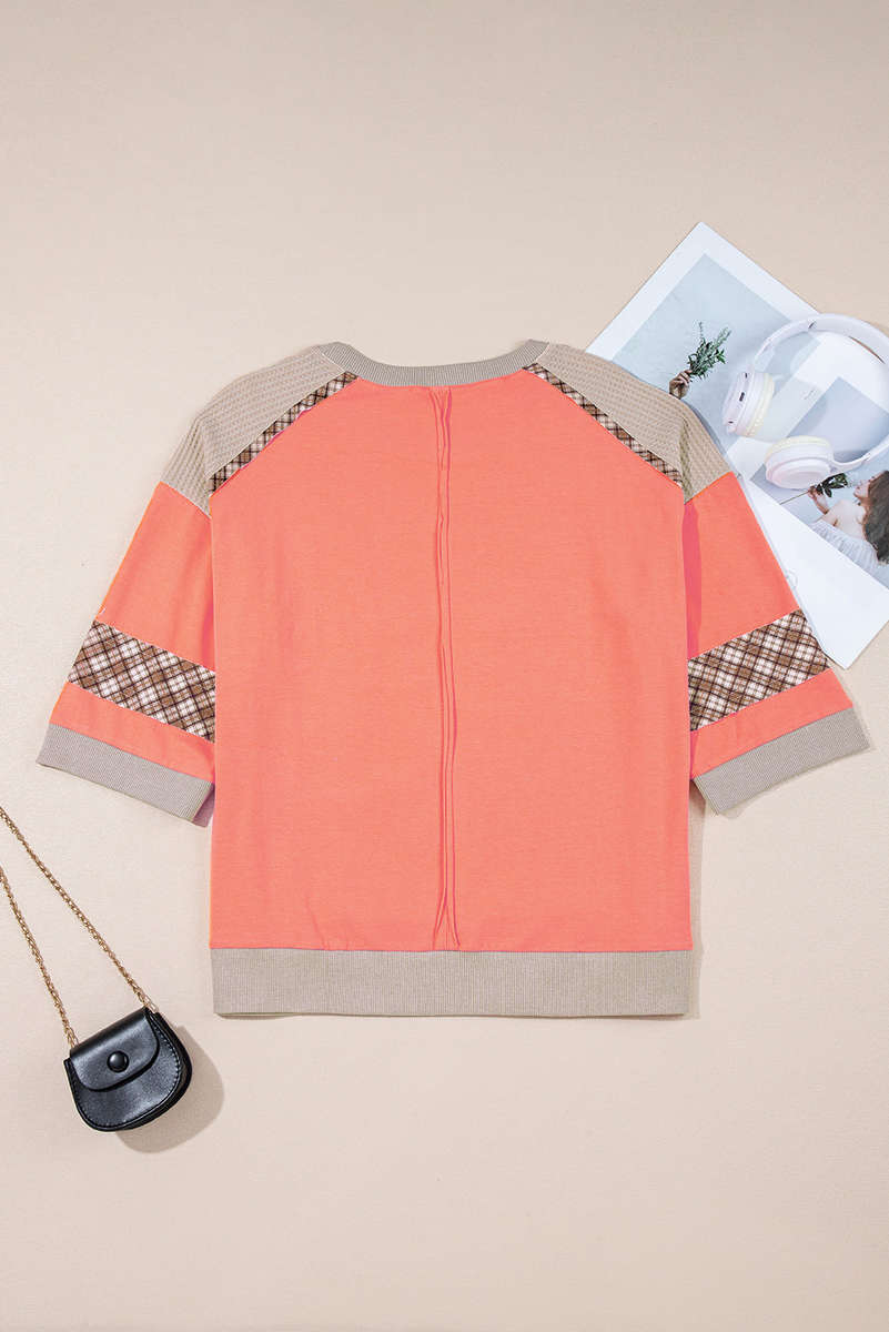 Grapefruit Orange Plaid Waffle Flower Patchwork Bracelet Sleeve Top