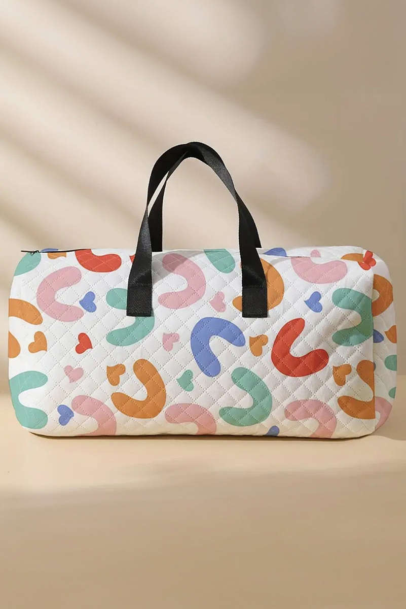 White Heart Shape Print Quilted Zipper Large Duffel Bag