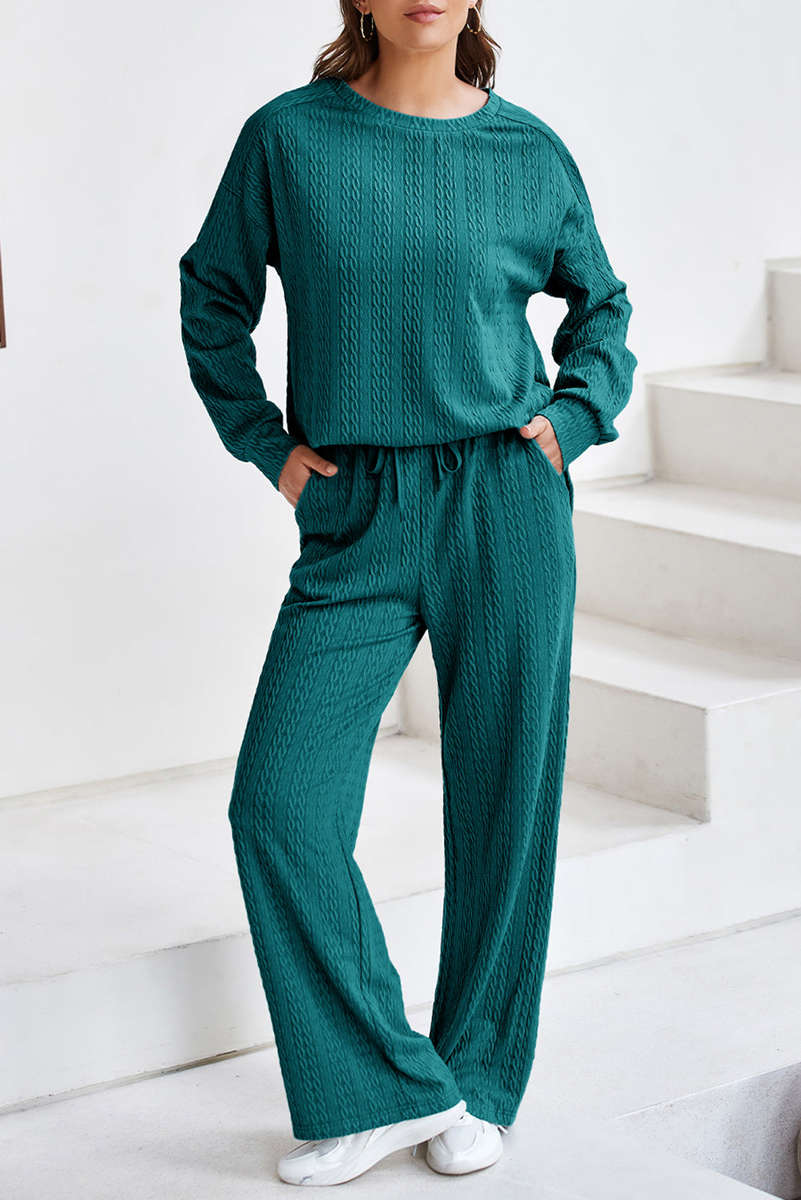 Sea Green Textured Round Neck Sweatshirt & Loose Drawstring High Waist Pant Set