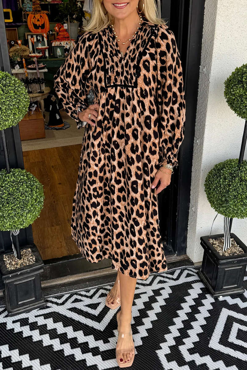 Brown Leopard Print Smocked Detail Flowy Midi Dress