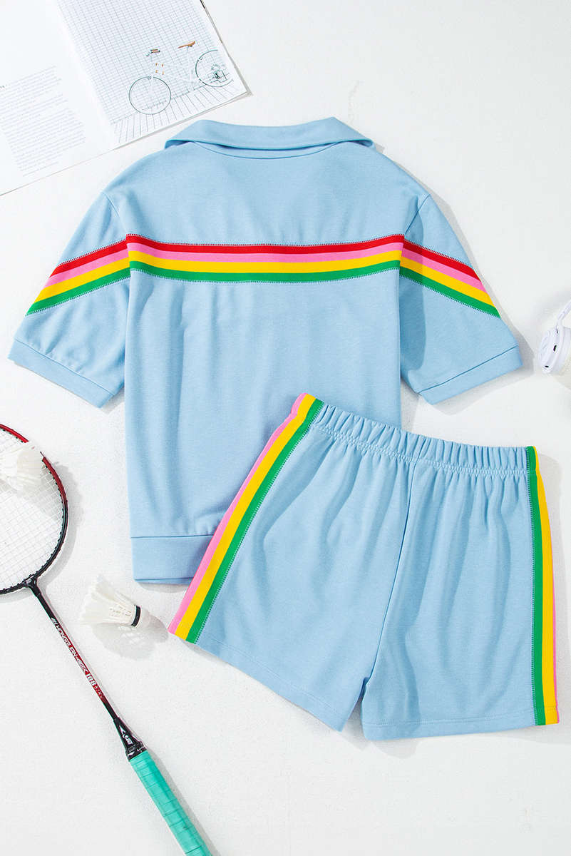 Sky Blue Rainbow Colorblock Collared Short Sleeve Top 2 Piece Shorts Set