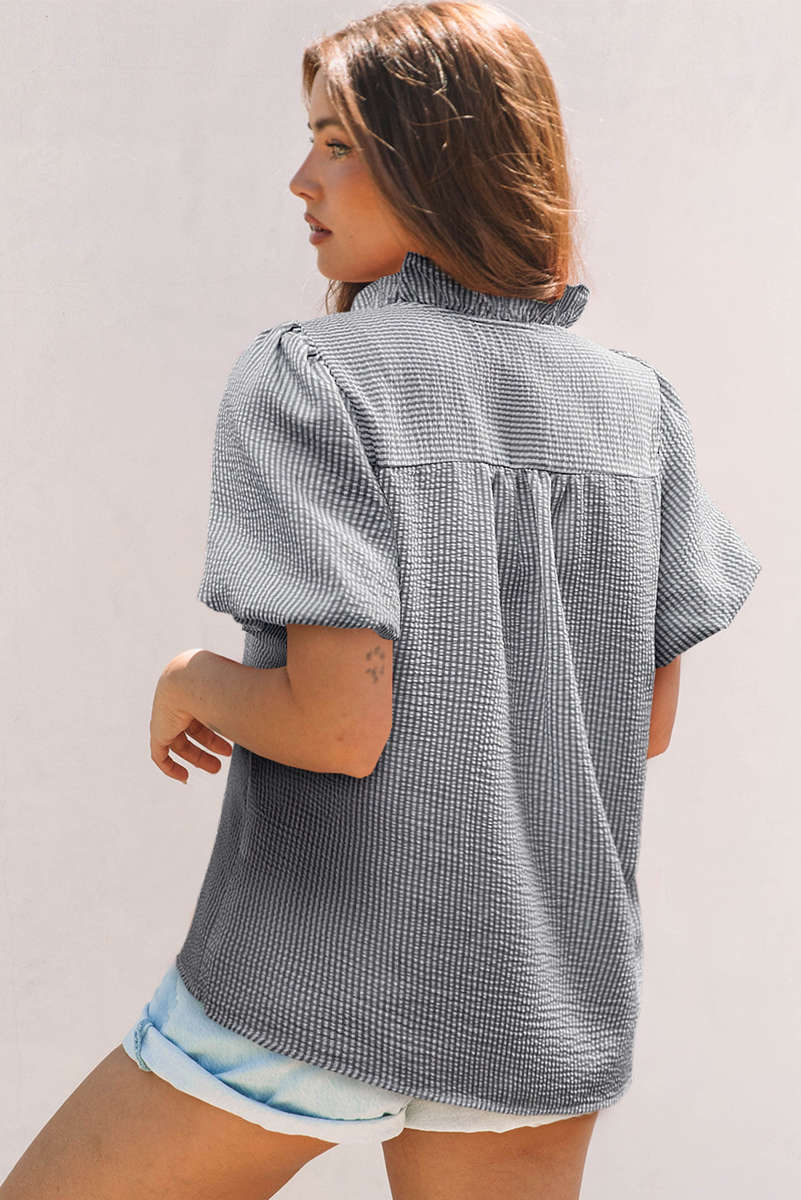 Black Striped Ruffle Short Bubble Sleeve Shirt