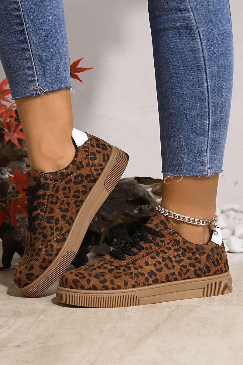 Coffee Leopard Print Contrast Heel Tab Patchwork Laceup Shoes