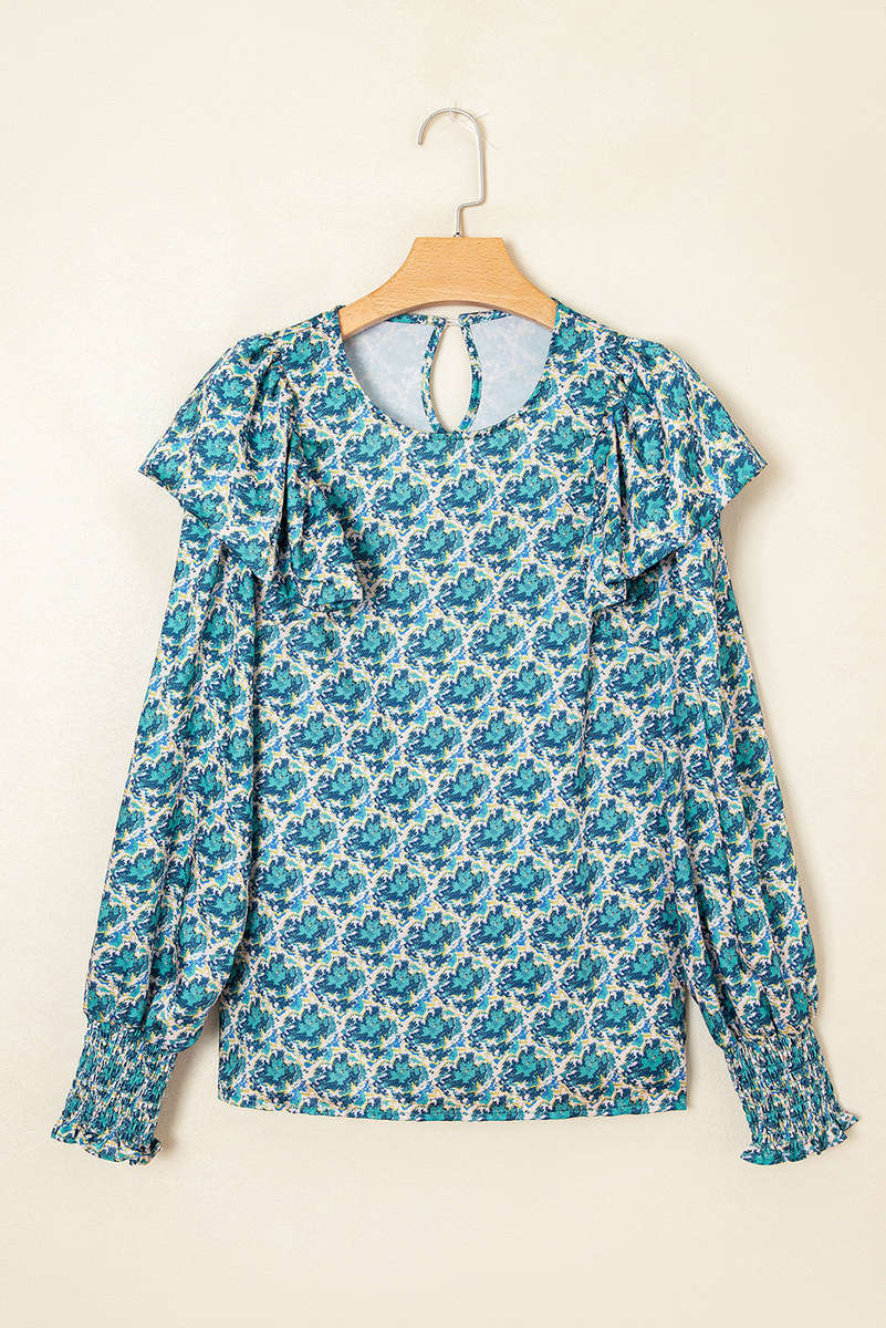 Green Abstract Print Shirred Cuff Puff Sleeve Blouse