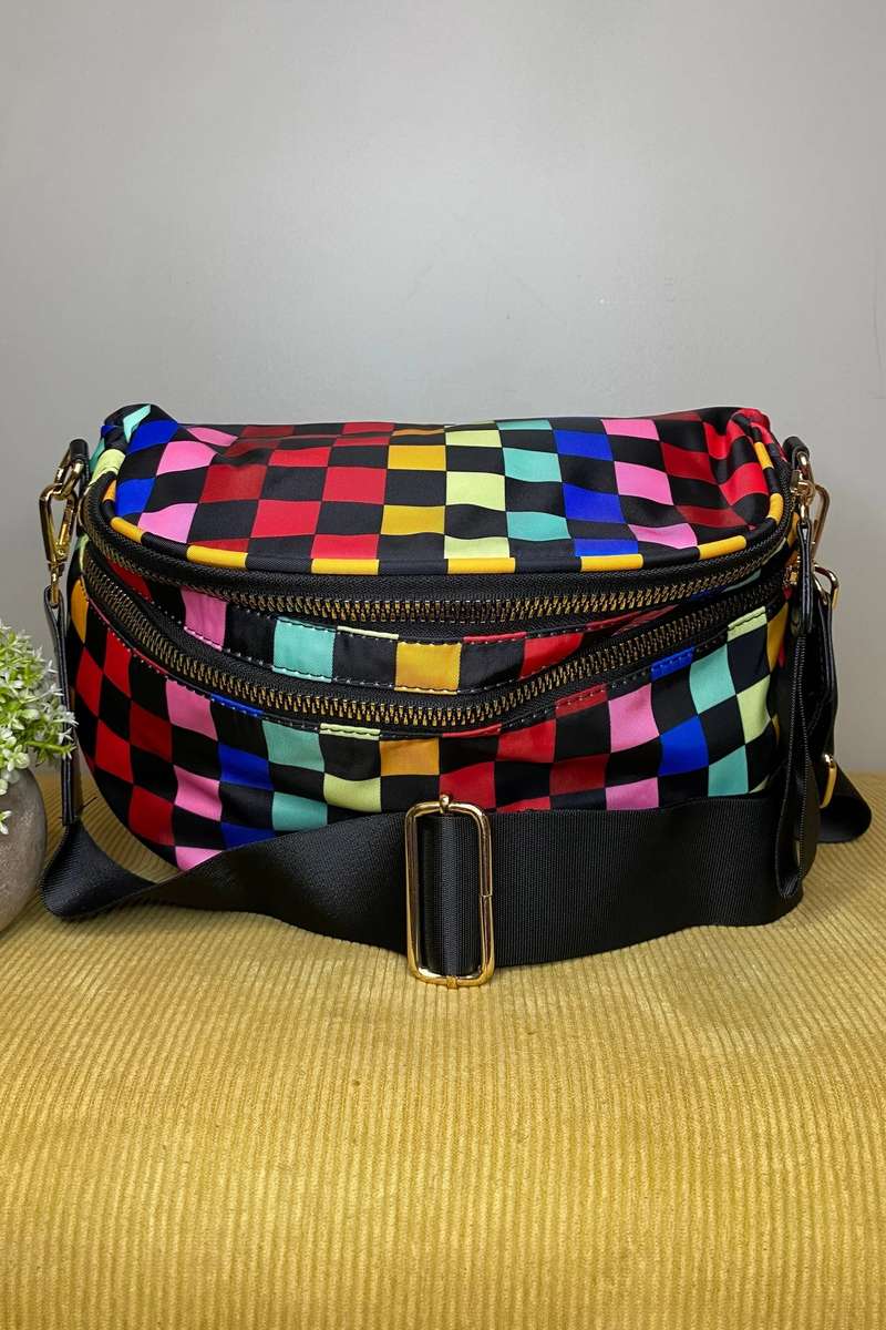 Color black Pretty Checkerboard Canvas Double Zip Crossbody Bag