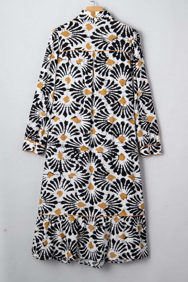 Black Abstract Floral Print Split V Neck Long Dress with Sleeves