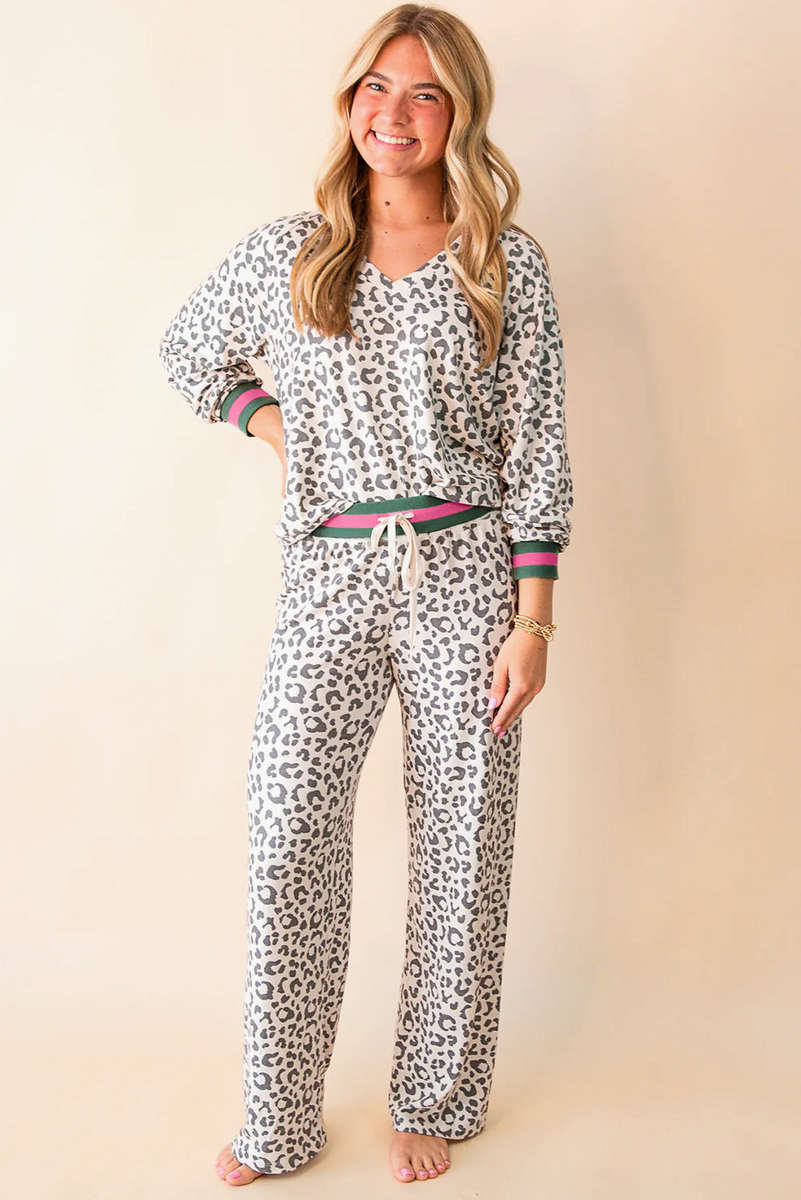 Gray V Neck Leopard Long Sleeve Top Striped Webbing Patchwork Drawstring Pant Set