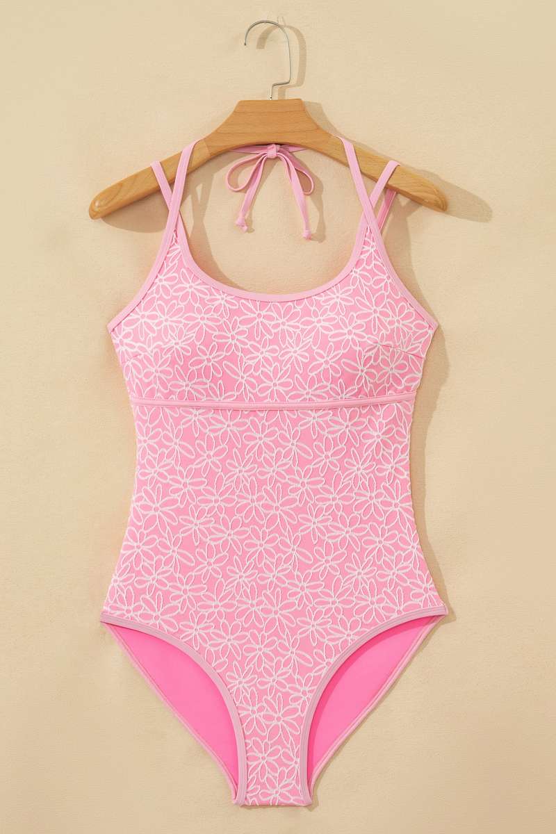 Pink Corded Flower Texture Spaghetti Straps Halterneck One Piece Swimsuit