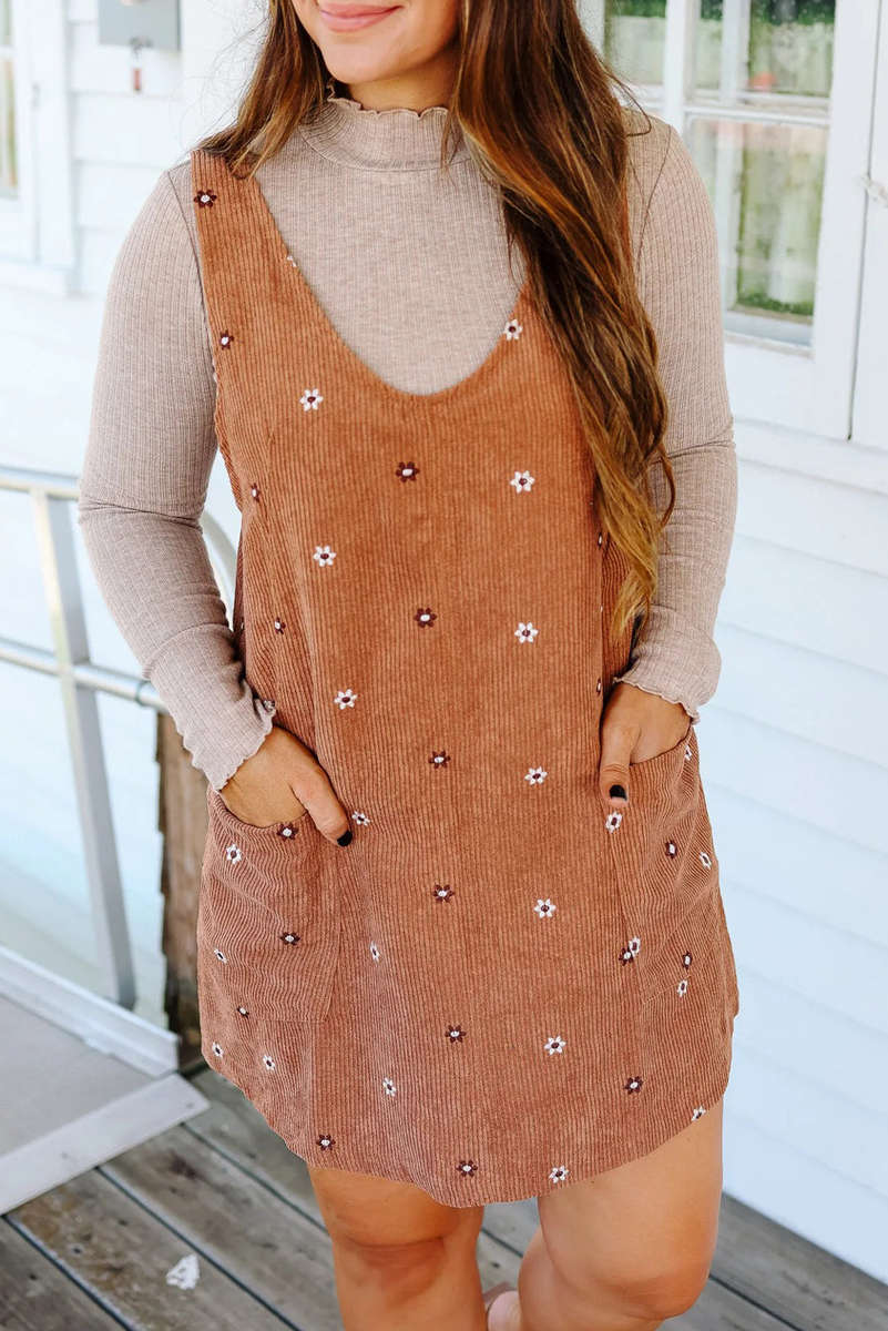 Gold Flame Flower Embroidered Corduroy Overall Mini Dress