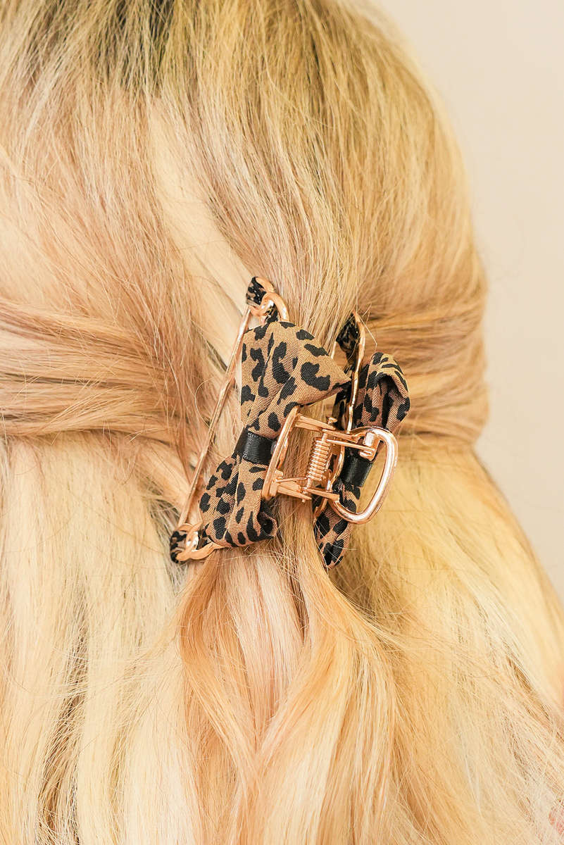 Camel Leopard Print Bow Decor Alloy Hair Claw Clip