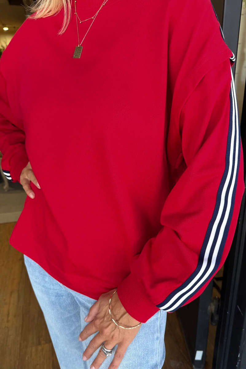 Fiery Red Contrast Striped Detail Varsity Sweatshirt