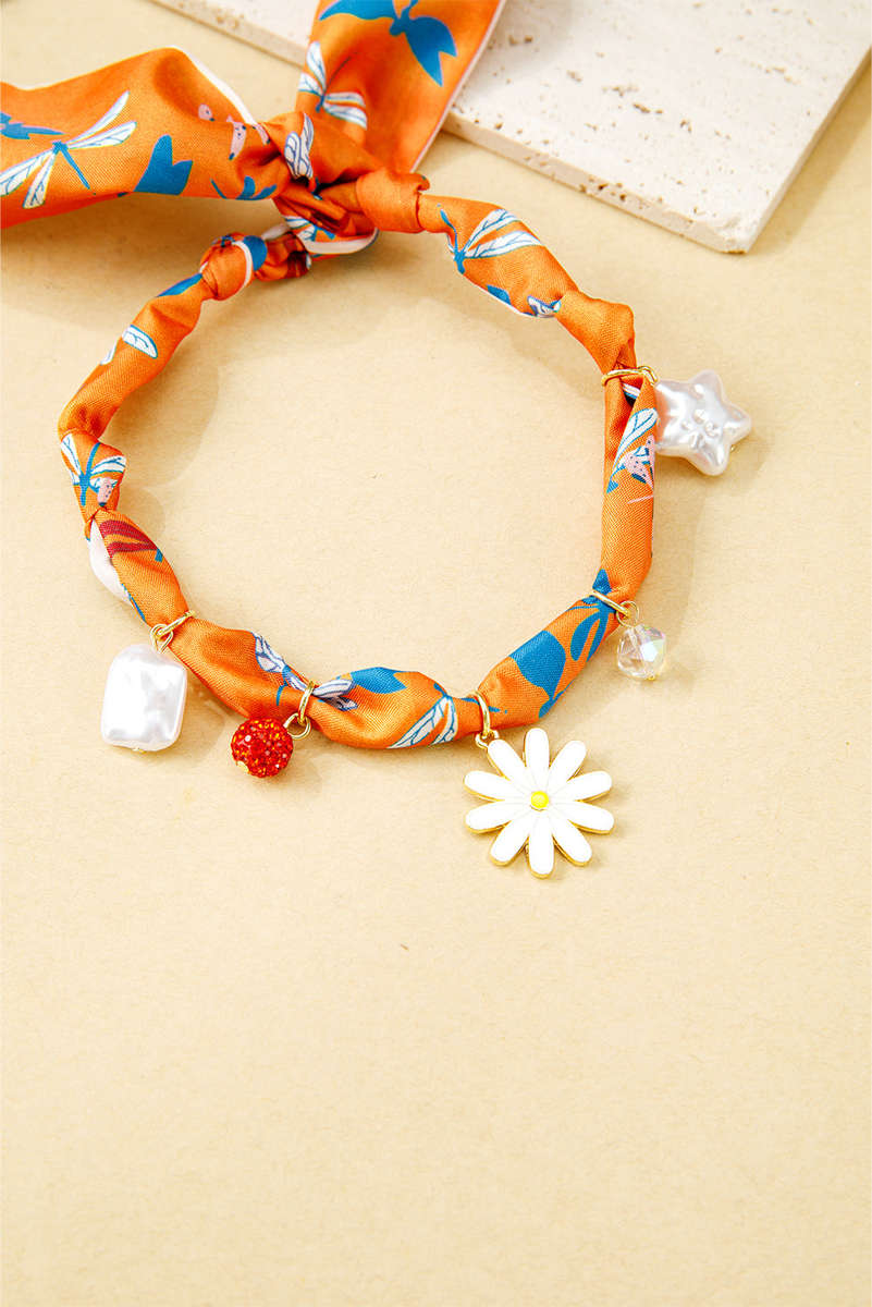 Orange Dragonfly Print Daisy Flower Pearl Crystal Decor Ribbon Necklace