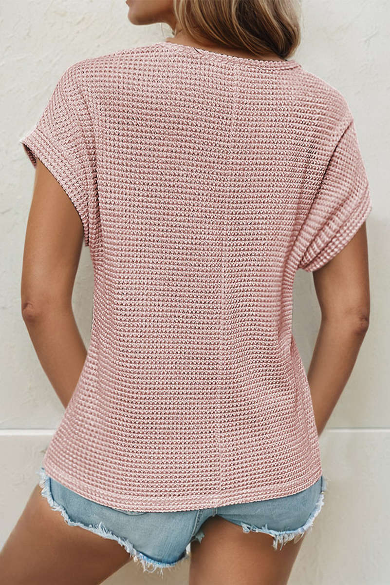 Light Pink Lace Patchwork Waffle Short Sleeve Top