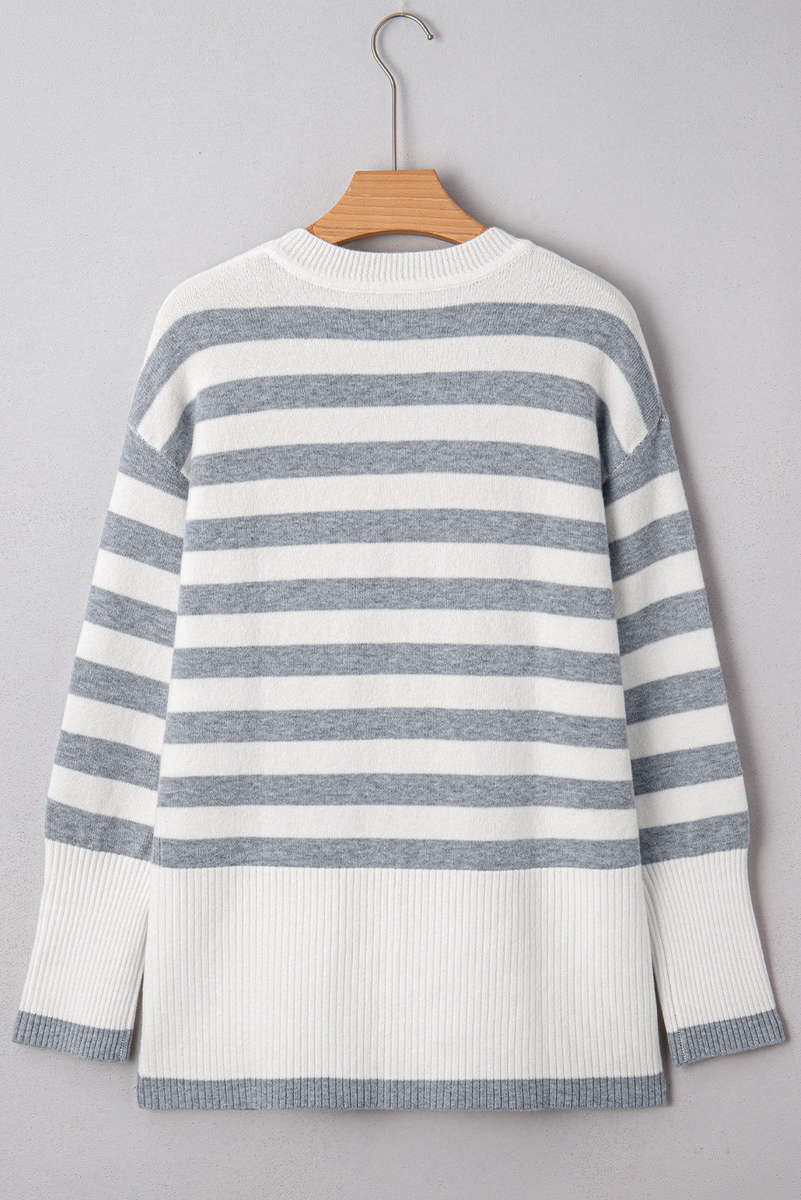 Gray Stripe Ribbed Buttoned Detail Drop Shoulder Tunic Sweater