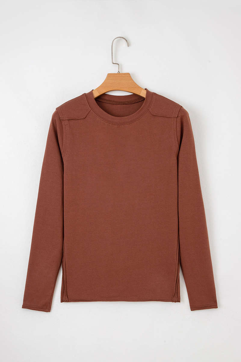 Chestnut Raw Seam Detail Solid Color Long Sleeve Top
