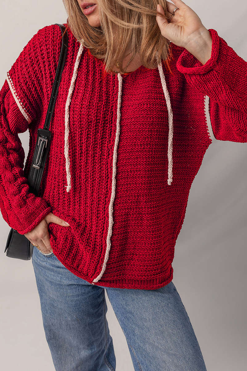 Racing Red Color Contrast Trim Textured Knit Drawstring Hooded Sweater