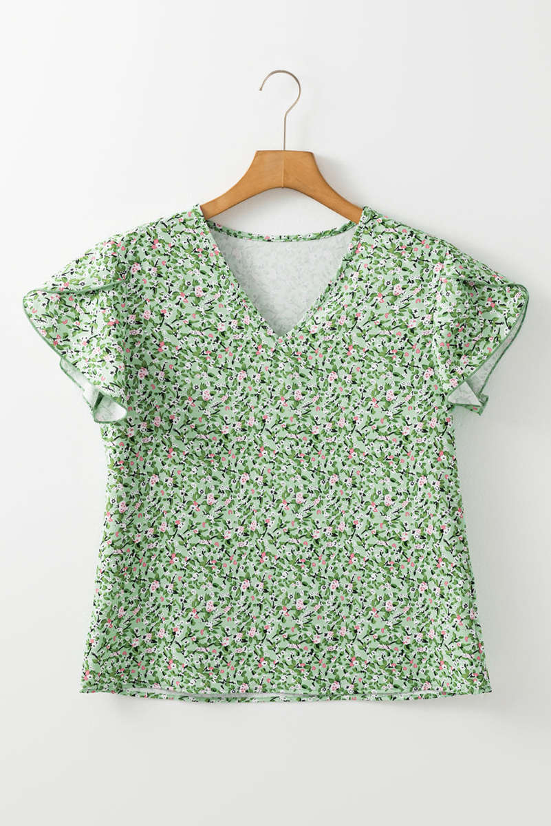 Green Boho Floral V Neck Wrap Short Sleeve Blouse