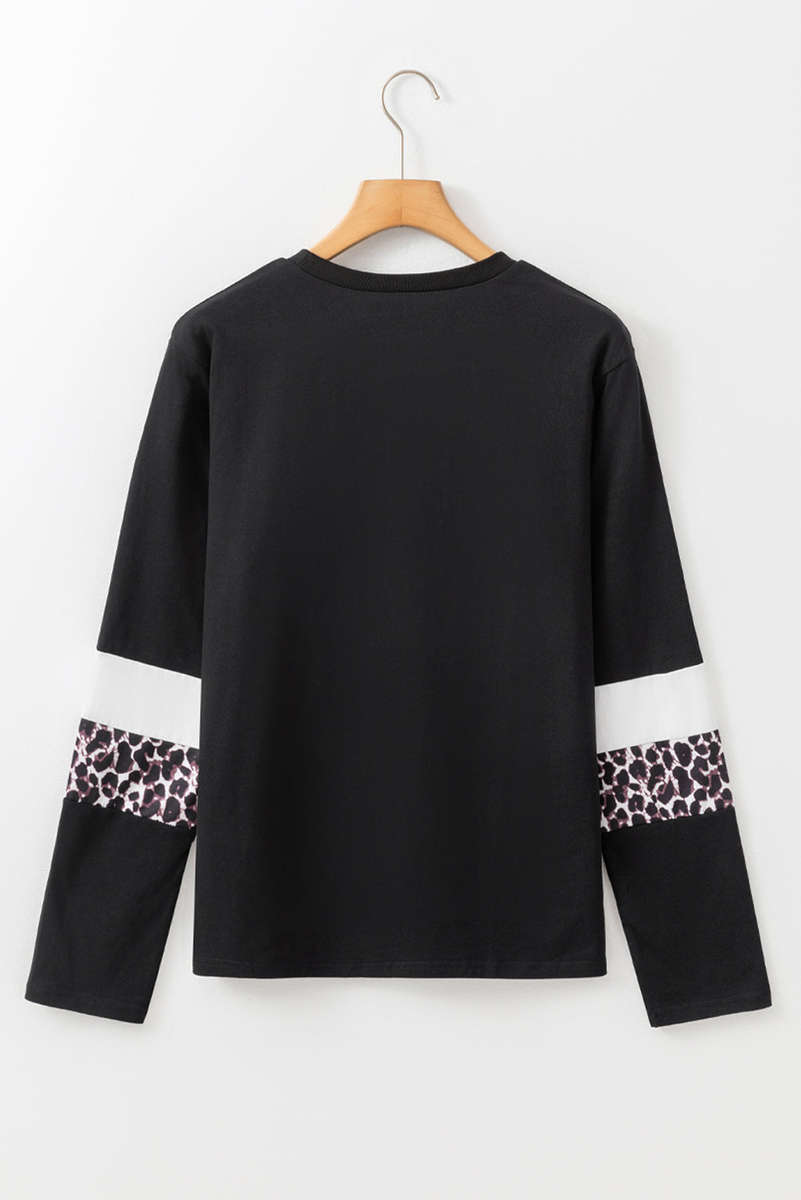 White Leopard Colorblock Patchwork Crew Neck Long Sleeve Tee