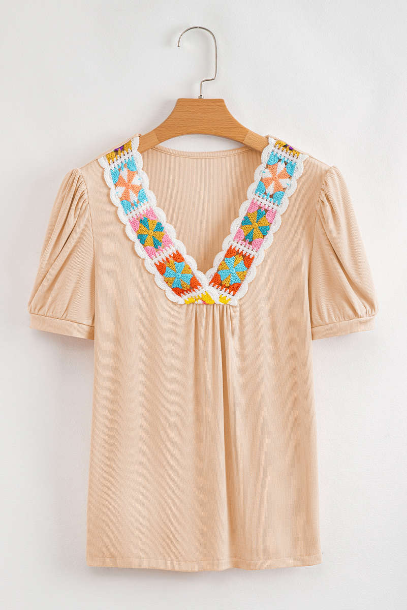 Pale Chestnut Crochet Floral V Neck Textured Short Sleeve Blouse