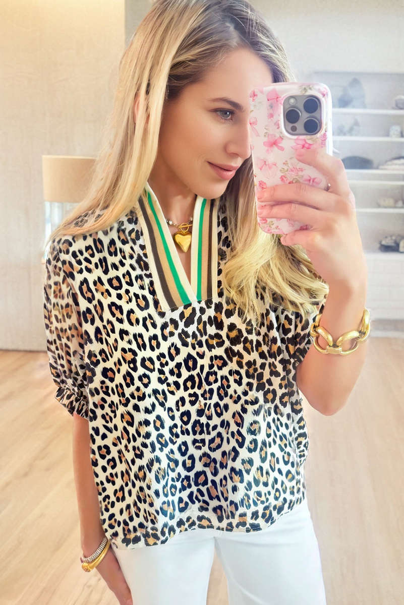 Khaki Leopard Color Block Contrast Striped V Neck Half Sleeve Loose Fit Blouse