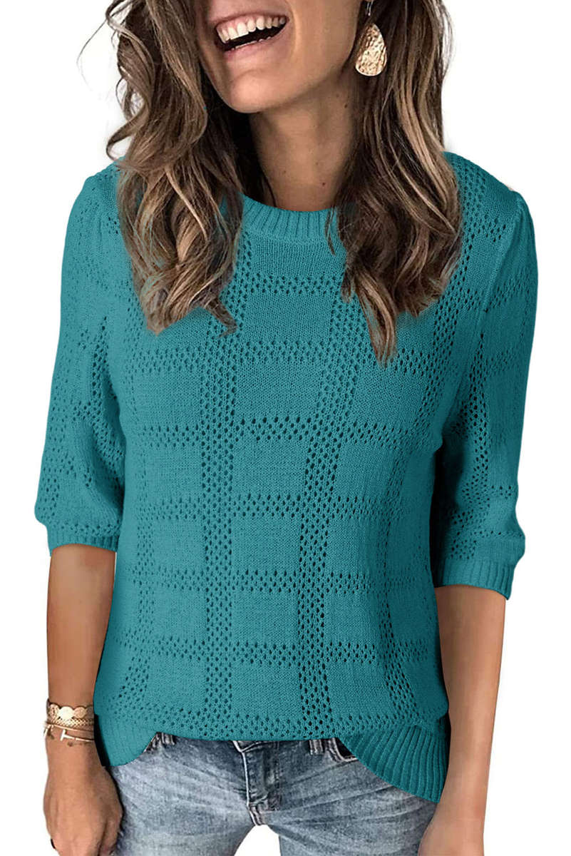 Skobeloff Plaid Pattern Crochet Knit Short Sleeve Sweater